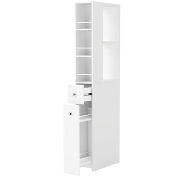 Tall Slim Bathroom Cabinet with 2 Drawers, White, 135 cm