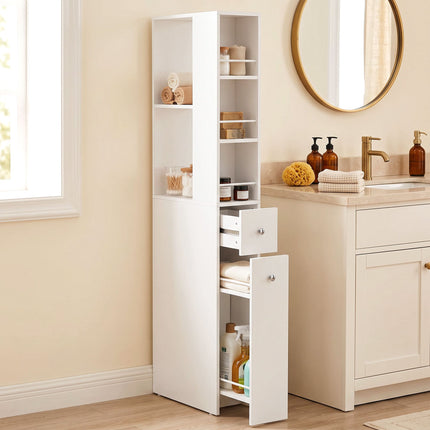 Tall Slim Bathroom Cabinet with 2 Drawers, White, 135 cm