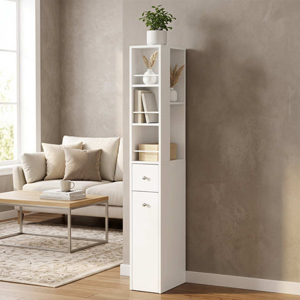 Tall Slim Bathroom Cabinet with 2 Drawers, White, 135 cm