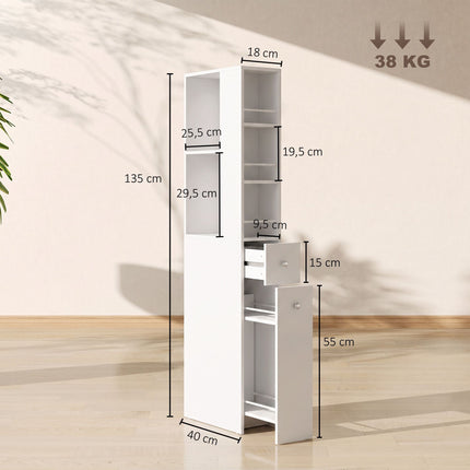 Tall Slim Bathroom Cabinet with 2 Drawers, White, 135 cm