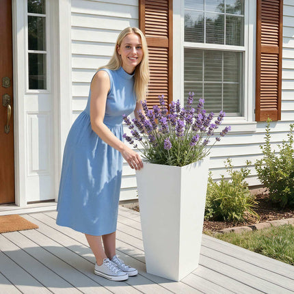 Tall Tapered Planters Set of 2, White, Casters, Drainage