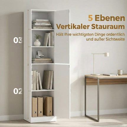 Tall White 5-Tier Bookshelf with Adjustable Shelves
