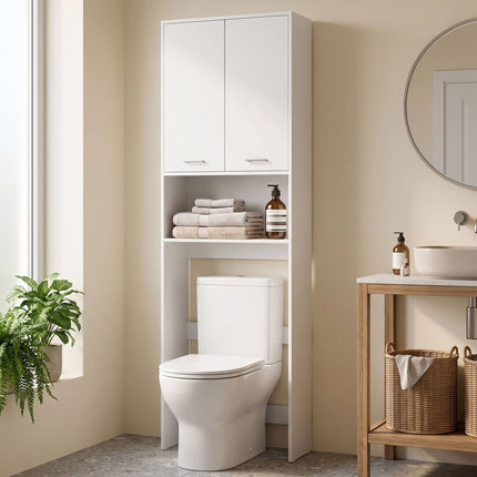 Tall White Bathroom Cabinet with Doors and Open Shelf