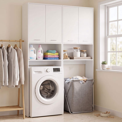Tall White Bathroom Cabinet with Doors and Open Shelf