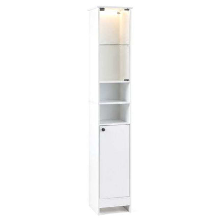 Tall White Bathroom Cabinet with LED Lights & Glass Door