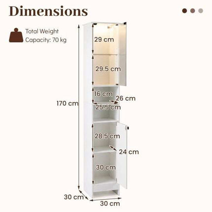 Tall White Bathroom Cabinet with LED Lights & Glass Door