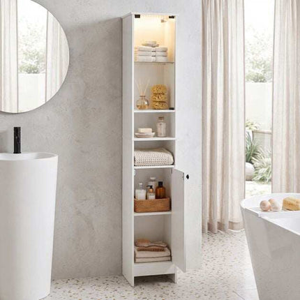 Tall White Bathroom Cabinet with LED Lights & Glass Door