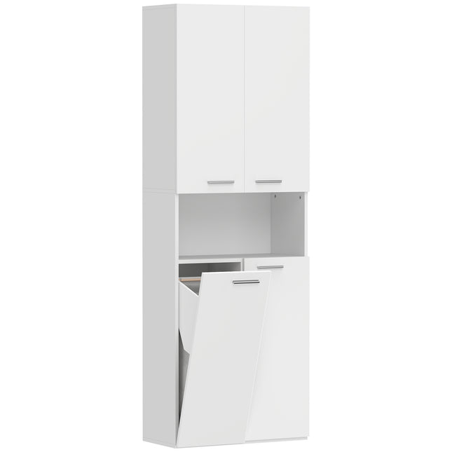 Tall White Bathroom Cabinet with Laundry Basket, 174 cm