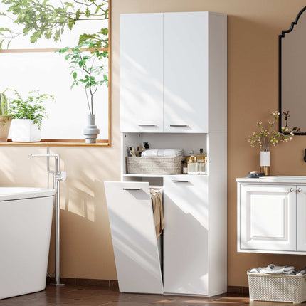 Tall White Bathroom Cabinet with Laundry Basket, 174 cm