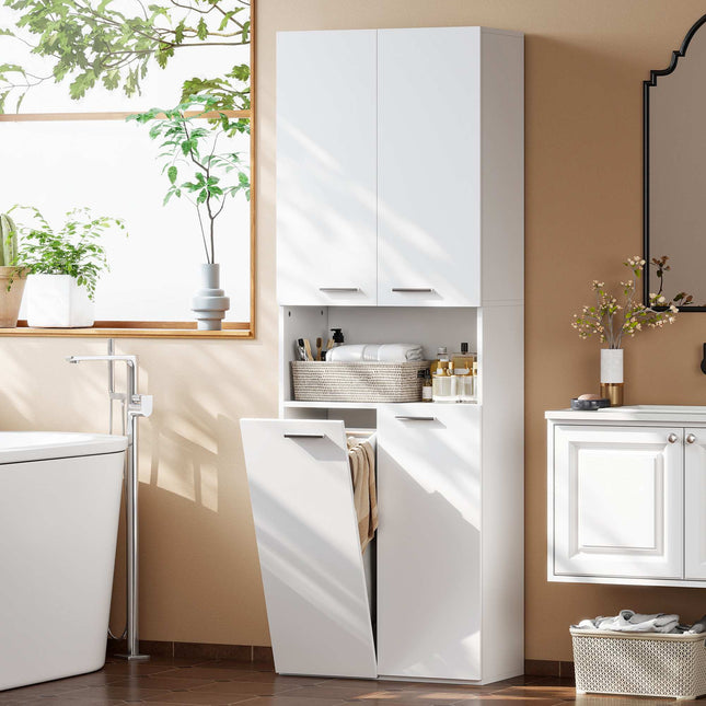 Tall White Bathroom Cabinet with Laundry Basket, 174 cm