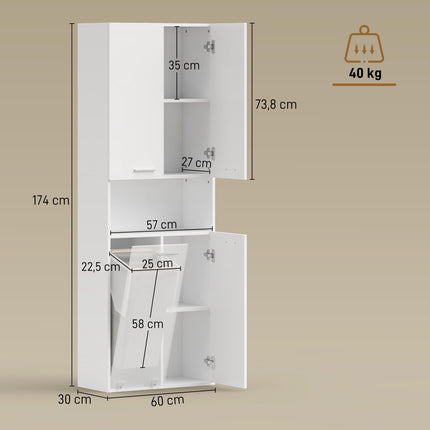 Tall White Bathroom Cabinet with Laundry Basket, 174 cm