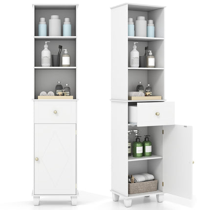 Tall White Bathroom Cabinet with Shelves and Drawer