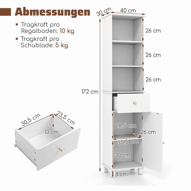 Tall White Bathroom Cabinet with Shelves and Drawer