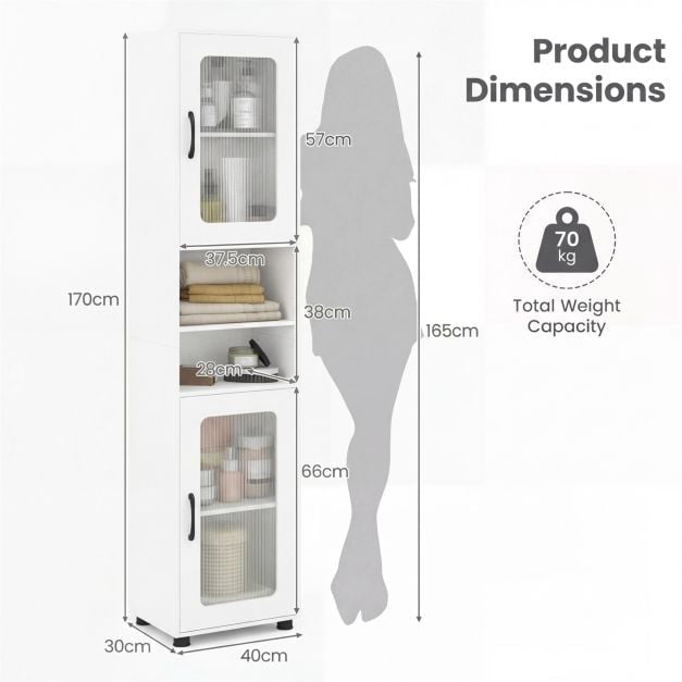 Tall White Bathroom Storage Cabinet with Fluted Doors