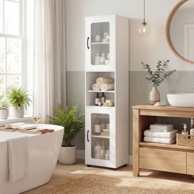 Tall White Bathroom Storage Cabinet with Fluted Doors