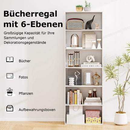 Tall White Bookshelf with 6 Shelves and Anti-Tip Kits
