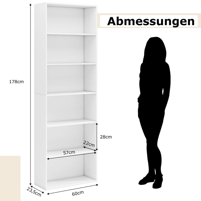 Tall White Bookshelf with 6 Shelves and Anti-Tip Kits