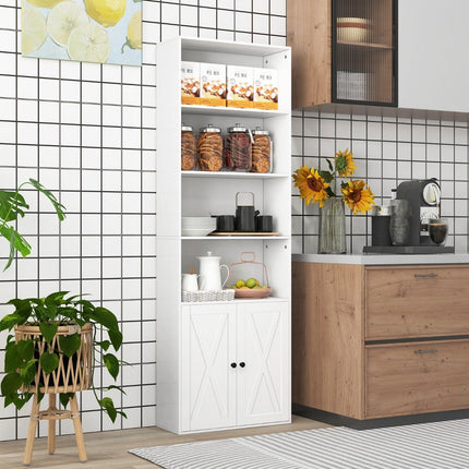 Tall White Bookshelf with Doors, 6 Shelves, 180 cm