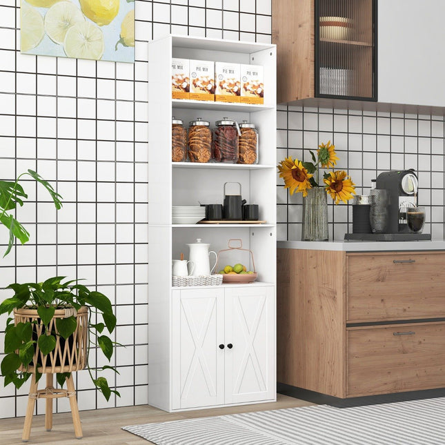 Tall White Bookshelf with Doors, 6 Shelves, 180 cm