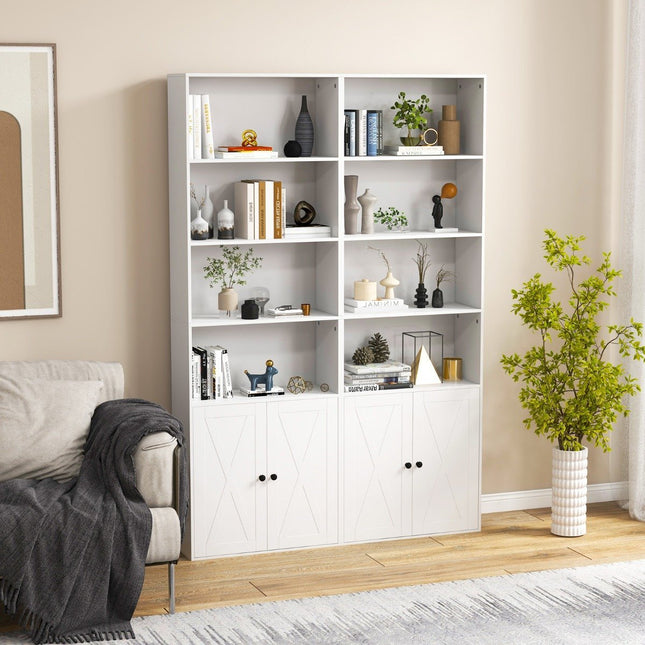 Tall White Bookshelf with Doors, 6 Shelves, 180 cm