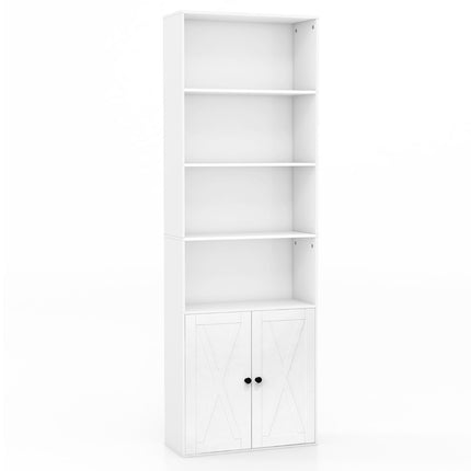Tall White Bookshelf with Doors, 6 Shelves, 180 cm