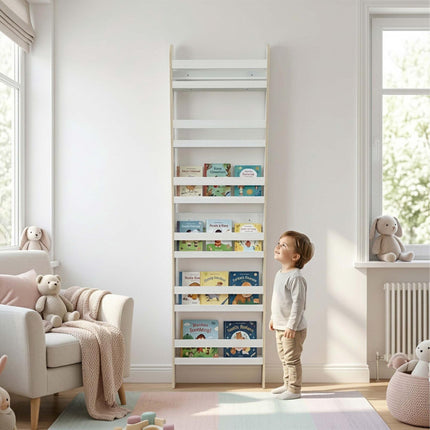 Tall White Children's Bookcase with 6 Compartments