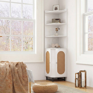 Tall White Corner Cabinet with Rattan Doors and Shelves