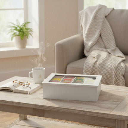 Tea Box with Lid, 12 Compartments, Bamboo Design