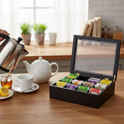 Tea Box with Lid, Bamboo, 12 Compartments