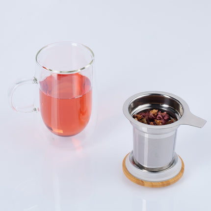 Tea glass with tea strainer and bamboo lid