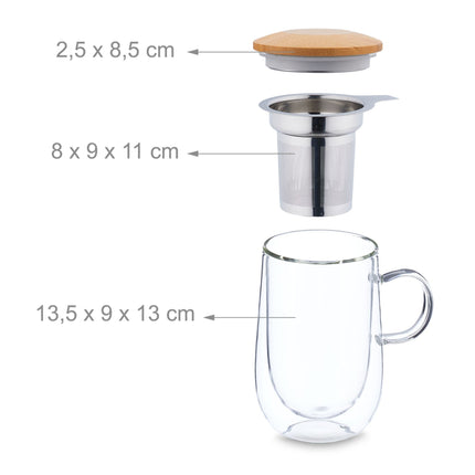 Tea glass with tea strainer and bamboo lid