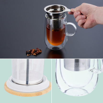 Tea glass with tea strainer and bamboo lid