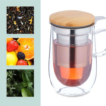 Tea glass with tea strainer and bamboo lid