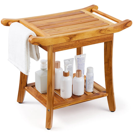 Teak Shower Bench 22 x 14.4 x 18.5 in, 300 Lb, Shelf