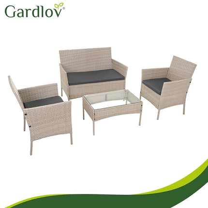 Technorattan Garden Furniture Set with Sofa and 2 Armchairs, Glass Table, Beige