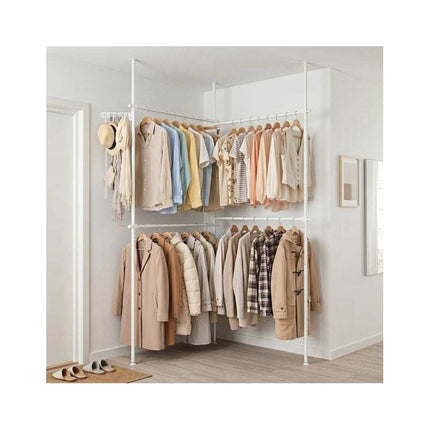 Telescopic Clothes Rack Floor to Ceiling with 4 Rails, White, Adjustable Height