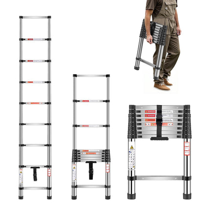 Telescoping Ladder, Stainless Steel 8.3 ft 9-Step, 150 kg