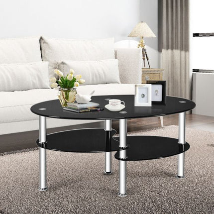 Tempered Glass Coffee Table, 3-Tier Oval, Black