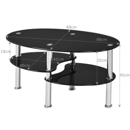 Tempered Glass Coffee Table, 3-Tier Oval, Black