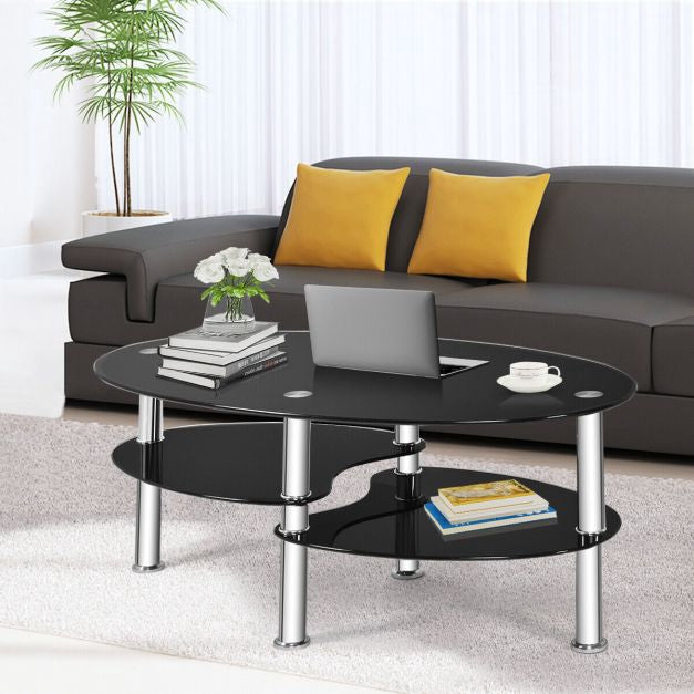 Tempered Glass Coffee Table, 3-Tier Oval, Black