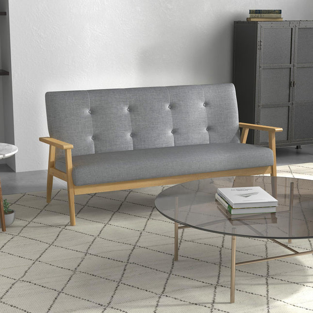 Three-Seater Grey Sofa, Linen Upholstery, Rubberwood Frame