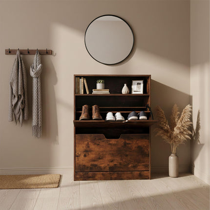 Tilt-Out Shoe Cabinet with Open Shelf, Adjustable Dividers