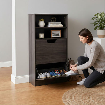 Tilt-Out Shoe Cabinet with Open Shelf Storage