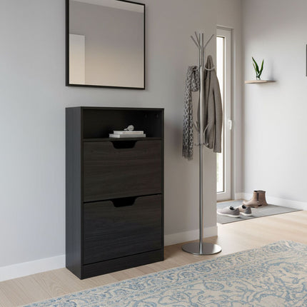 Tilt-Out Shoe Cabinet with Open Shelf Storage