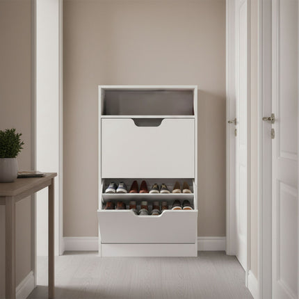 Tilt-Out Shoe Cabinet with Open Shelf Storage