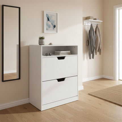 Tilt-Out Shoe Cabinet with Open Shelf Storage