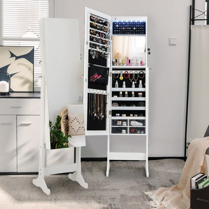 Tilt-adjustable jewelry cabinet with full-length mirror and white LED lights