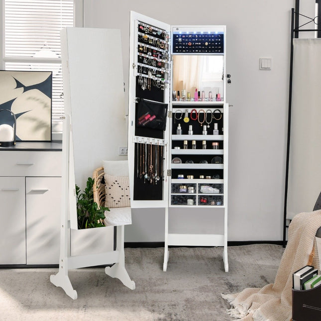 Tilt-adjustable jewelry cabinet with full-length mirror and white LED lights