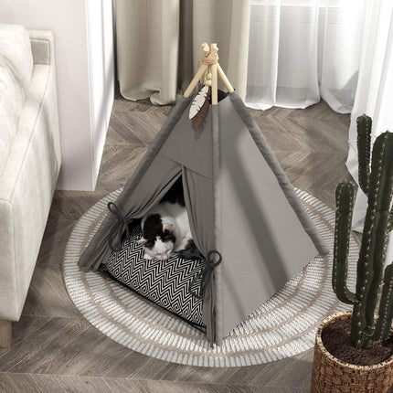 Tipi tent voor huisdieren, kattentent met afneembare en wasbare kussens, kattenhuis met antislipbodem, speelbal, voor katten onder de 5 kg, minihonden, 60 x 60 x 76 cm, grijs