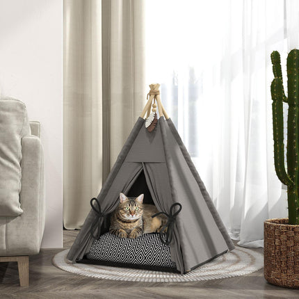 Tipi tent voor huisdieren, kattentent met afneembare en wasbare kussens, kattenhuis met antislipbodem, speelbal, voor katten onder de 5 kg, minihonden, 60 x 60 x 76 cm, grijs